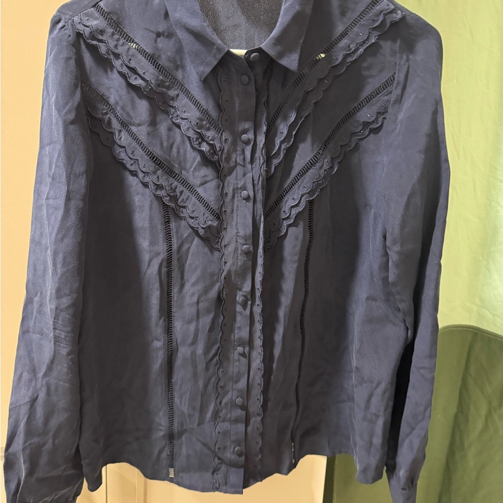 Sezane Navy Silk Button-Up Blouse with Lace Details